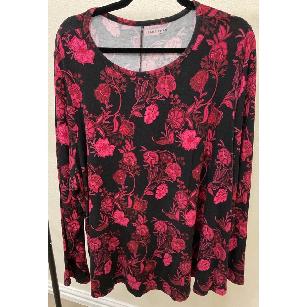 Lane Bryant Pink‎ Red Floral Black Long Sleeve Crew Neck Top Plus Size 22/24